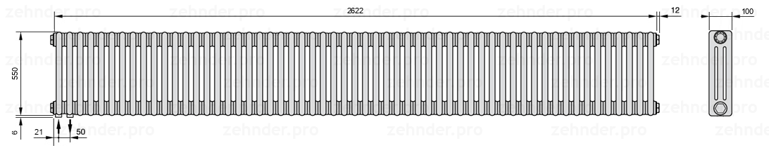 Схема (чертеж) Радиатор Zehnder Charleston 3055/57 №3370 Белый глянцевый RAL 9016